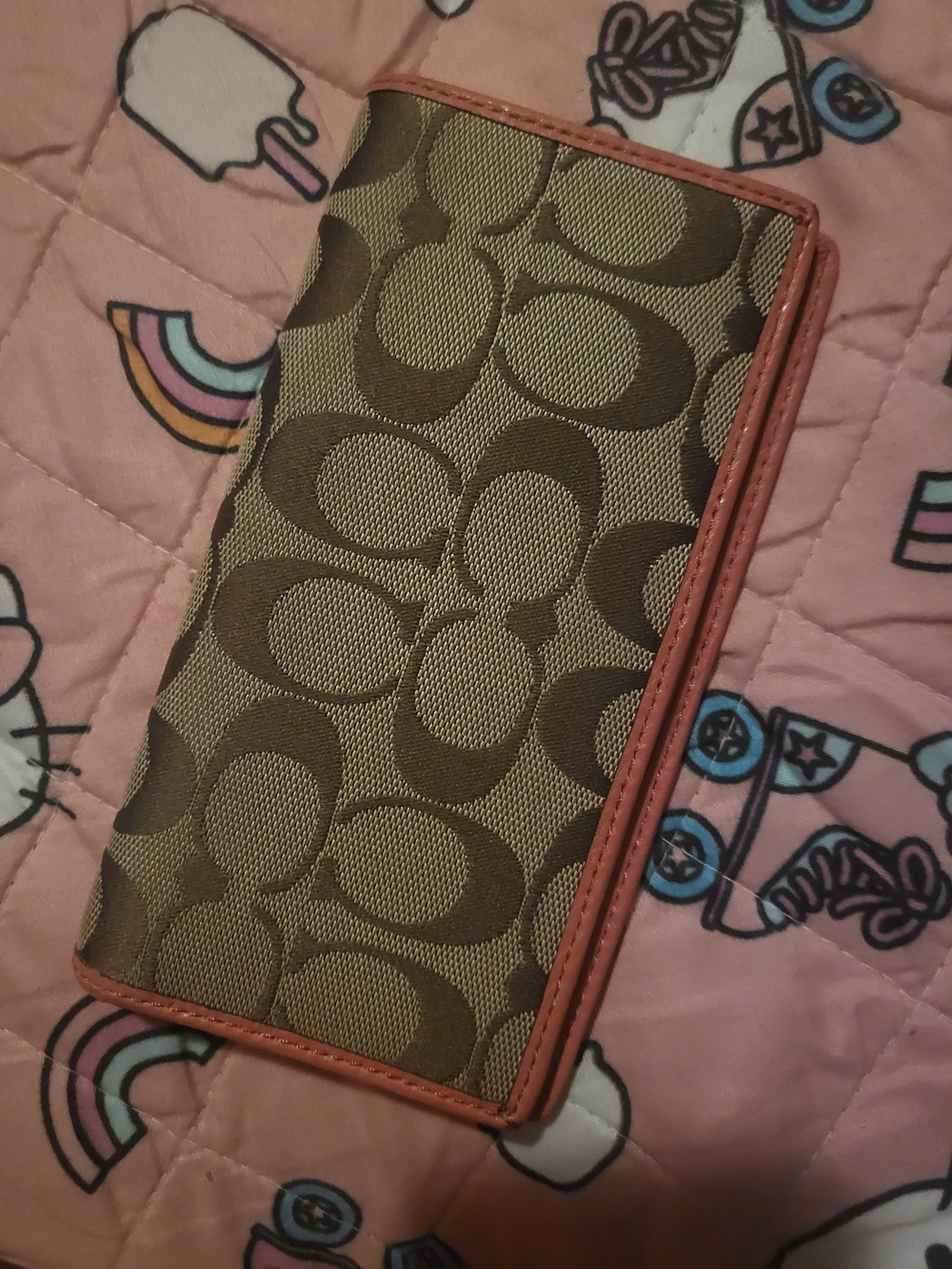 Coach Checkbook cover brown pink peach